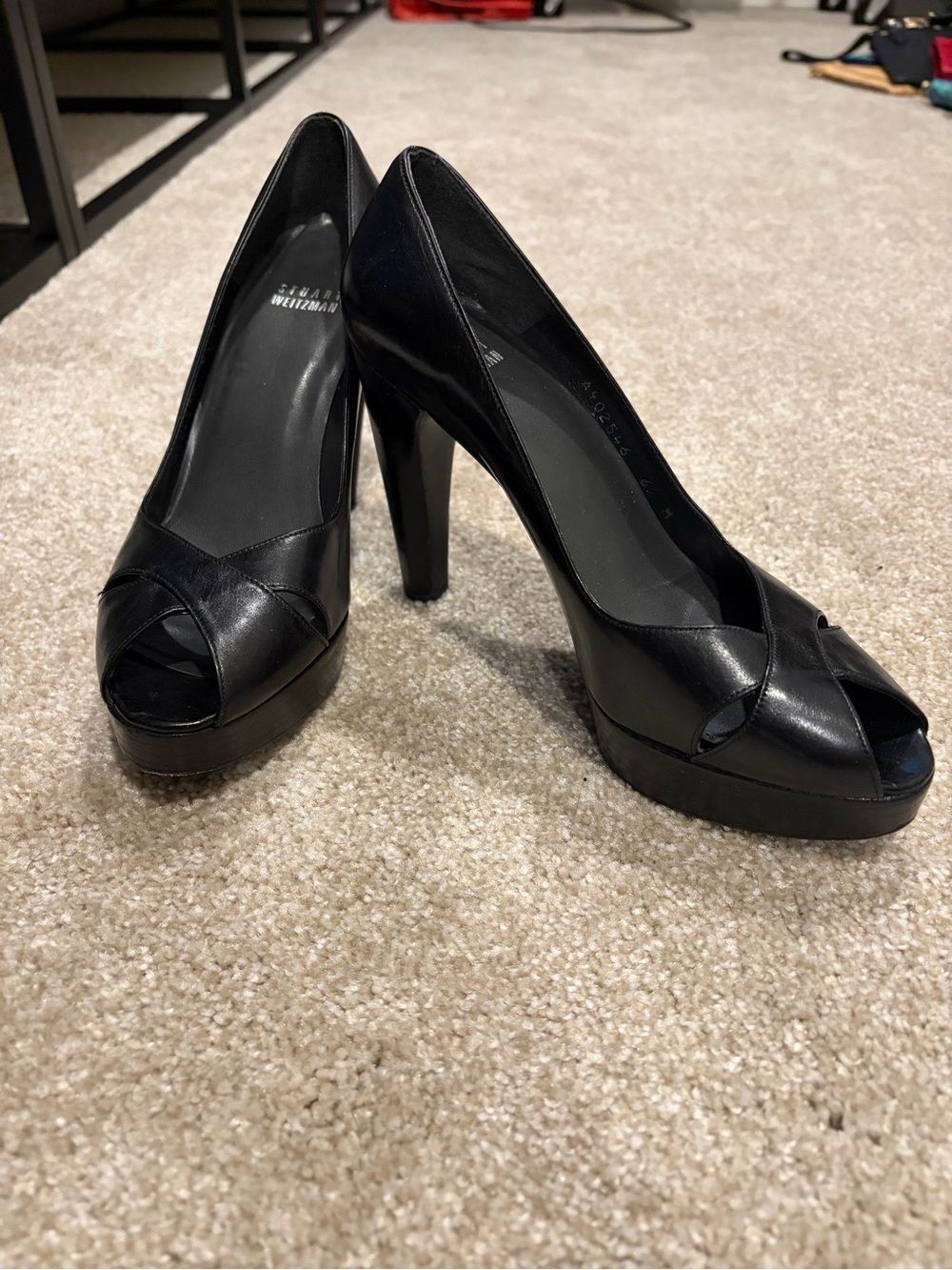 Stuart Weitzman Black Leather Peep-Toe Platform Heels